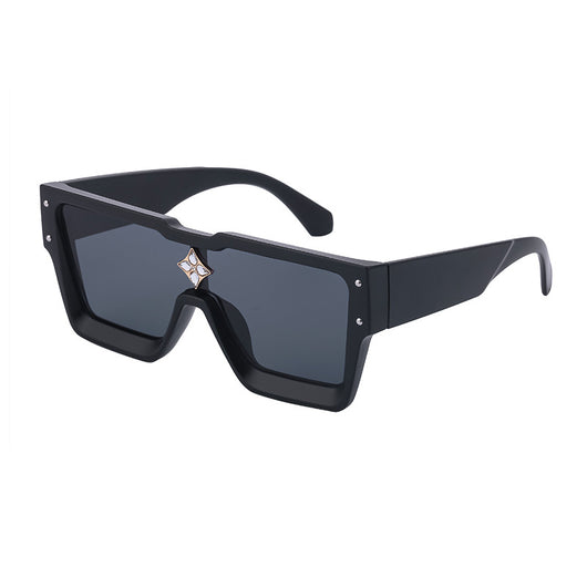 Black large frame square sunglasses with dark lenses and a gold star-shaped embellishment on the bridge. - Image 13