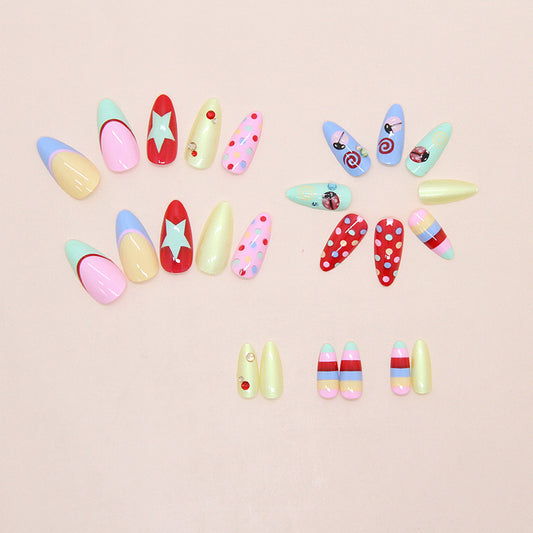 Uñas Postizas Mariquita Dopamina - 24 Piezas Almendradas con Lunares y Diamantes