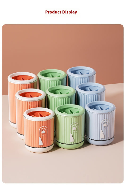 Light blue pet foot washing cup with a white paw print design, ribbed texture, and smooth base. - Image 25