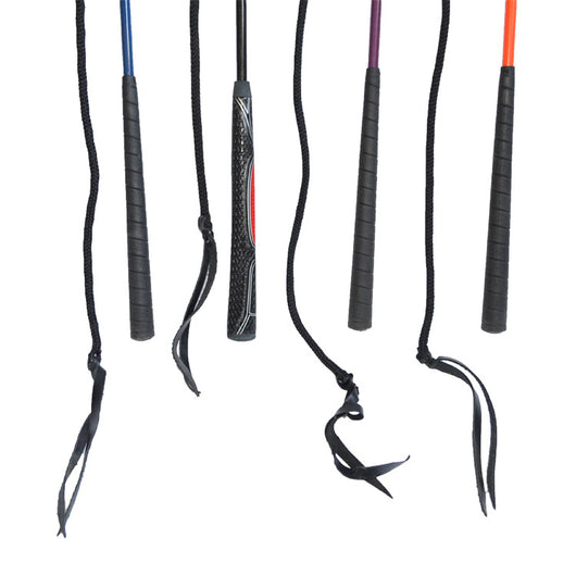 Five equestrian training whips with black handles and shafts in blue, black, purple, and orange, for horse riding. - Image 5