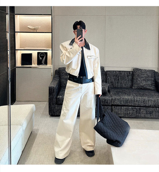 Conjunto Hombre Chamarra de Cuero con Bloques de Color y Pantalón Ancho Casual - Image 23