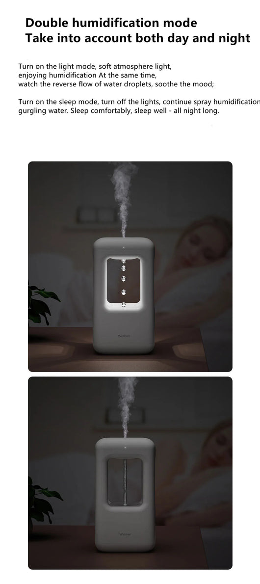 White anti-gravity water drop humidifier with visible mist output and 'Winben' brand name, on a white stand. - Image 9