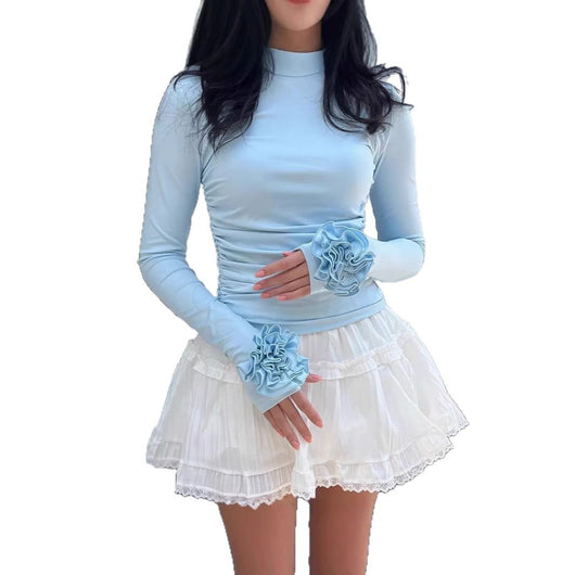 Blusa Floral 3D Cuello Redondo Manga Larga Ajustada - Image 6