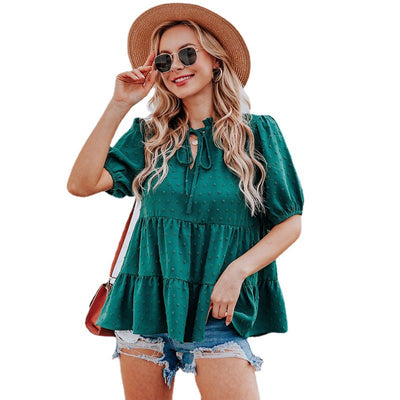 Blusa Suelta con Cuello en V, Mangas Abullonadas y Detalles de Encaje - Image 3