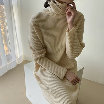 Vestido Suéter Largo Cuello Alto Holgado Hasta la Rodilla para Mujer - Image 12