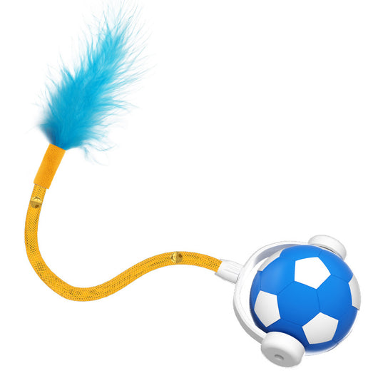 Interactive cat toy with a blue and white soccer ball, a flexible yellow rod with bells, and a blue feather. - Image 6