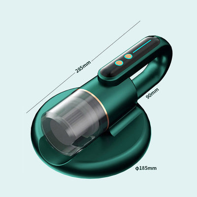 Dark blue handheld bed vacuum cleaner with clear dustbin, gold accents, and illuminated control panel on a charging base. - Image 7