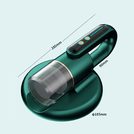 Dark blue handheld bed vacuum cleaner with clear dustbin, gold accents, and illuminated control panel on a charging base. - Image 7