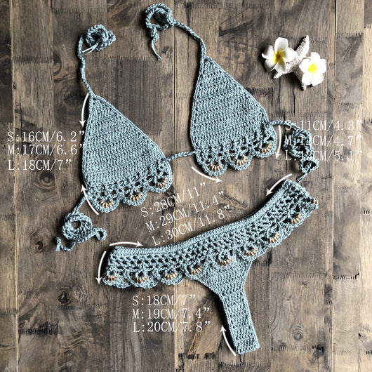 Lake green handmade crochet bikini set with gold beads, featuring a triangle top and thong bottom on wood. - Image 11
