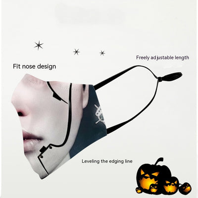 Black milk silk dustproof mask with a white smiley face design, featuring 'X' eyes and a curved smile, for Halloween. - Image 14