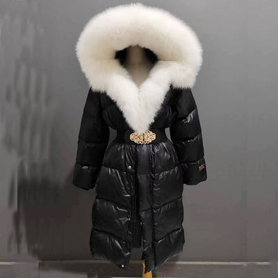Chaqueta de Pato con Plumón y Cuello de Zorro Real - Abrigo Cálido Dorado Negro - Image 13