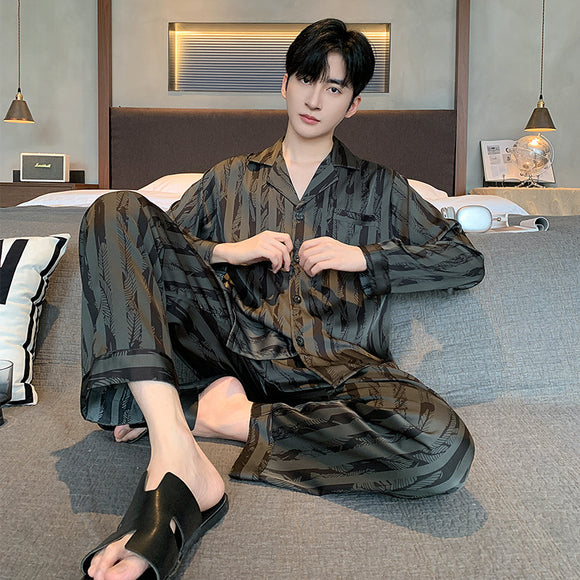 Men's Ice Silk V-Neck Long Sleeve Two-Piece Pajama Set