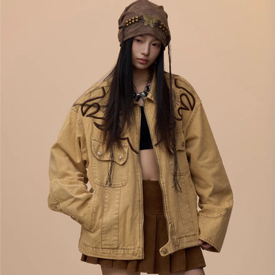 Chaqueta Denim Vintage con Bordados - Tejido Pesado Lavado