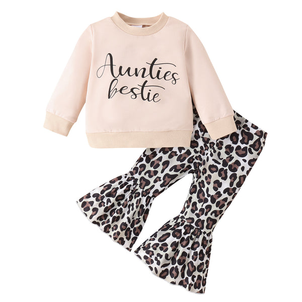 Girls' light pink "Mama's bestie" long-sleeve top with leopard print bell-bottom pants. - Image 6