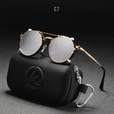 Round frame sunglasses with light blue mirrored lenses and a gold-tone metal frame, featuring a double bridge. - Image 7