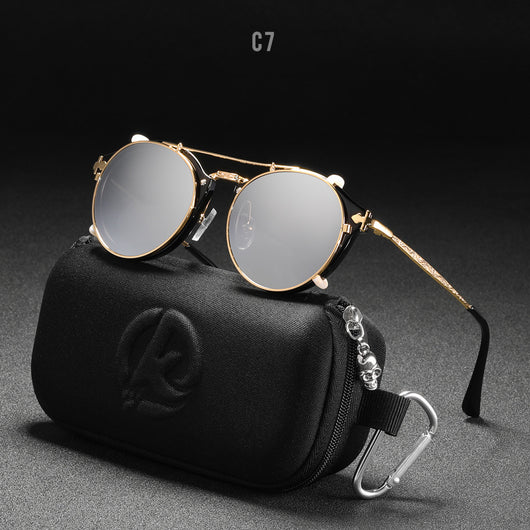 Round frame sunglasses with light blue mirrored lenses and a gold-tone metal frame, featuring a double bridge. - Image 7