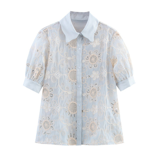 Camisa Larga Bordada con Lentejuelas y Estampado Étnico