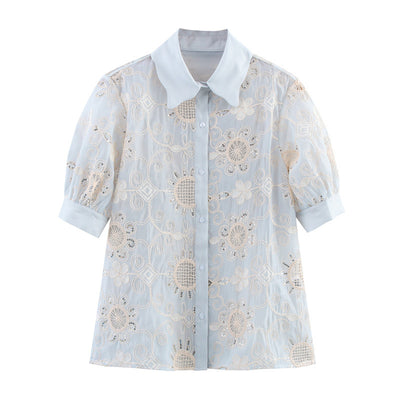 Camisa Larga Bordada con Lentejuelas y Estampado Étnico