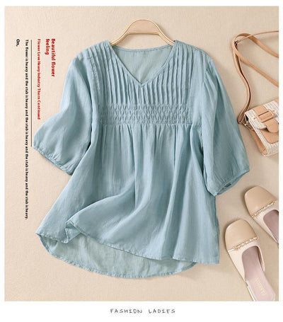 Blusa Suelta de Algodón y Lino con Cuello V - Image 13