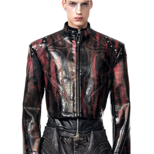 Chaqueta de Cuero para Hombre con Cuello Alto y Hombreras