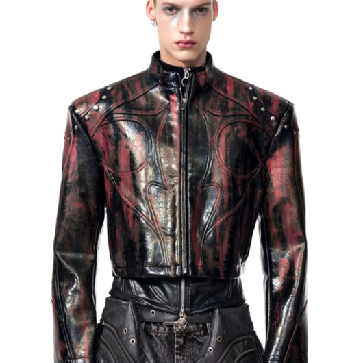 Chaqueta de Cuero para Hombre con Cuello Alto y Hombreras