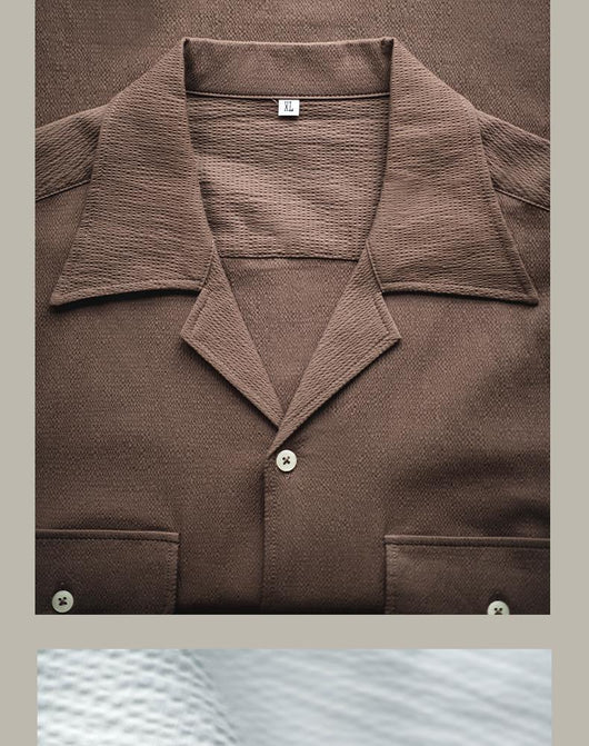 Camisa Retro Seersucker de Color Sólido con Cuello Cubano Británico - Image 12