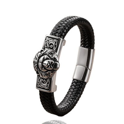 Pulsera de Cuero Personalizada con Cabeza de León Retro para Hombre - Image 5
