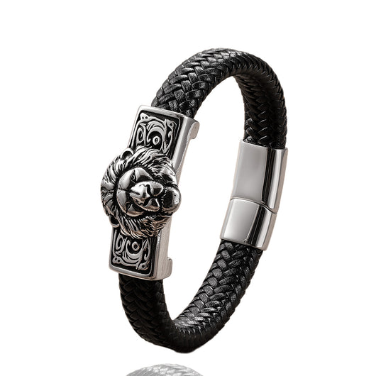 Pulsera de Cuero Personalizada con Cabeza de León Retro para Hombre - Image 5