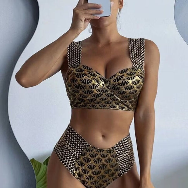 Women's high-waisted two-piece bronzing swimwear with black and gold art deco fan pattern and textured straps.