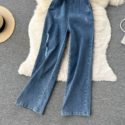 Pantalón Palazzo Denim de Cintura Alta con Top Tubo para Primavera y Verano - Image 13