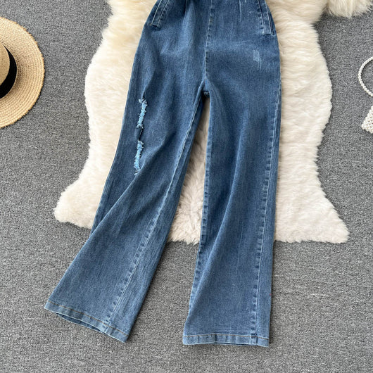 Pantalón Palazzo Denim de Cintura Alta con Top Tubo para Primavera y Verano - Image 13