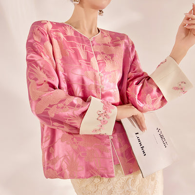 Blusa Retro Estilo Chino con Bordado de Cuentas en Seda Mulberry