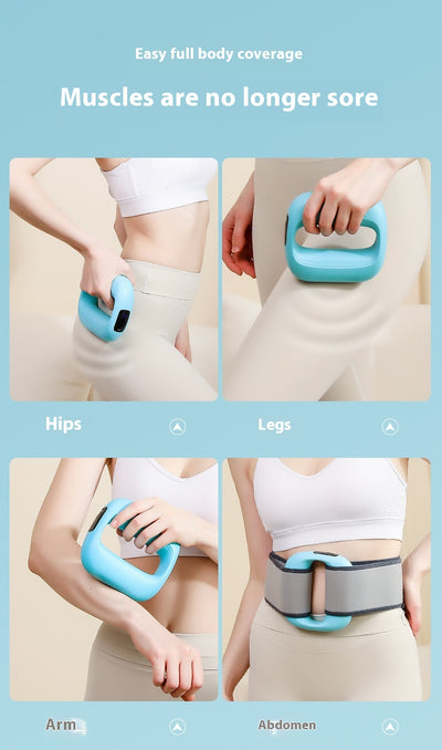Pink mini fitness massage gun with an LED screen, shown with a power cable and a gray waist belt. - Image 8
