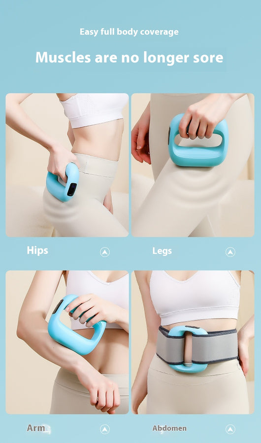 Pink mini fitness massage gun with an LED screen, shown with a power cable and a gray waist belt. - Image 8