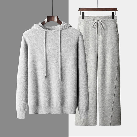 Conjunto Deportivo Lana Pura Hombre: Sudadera sin Costuras y Pantalón Tejido con Cordón
