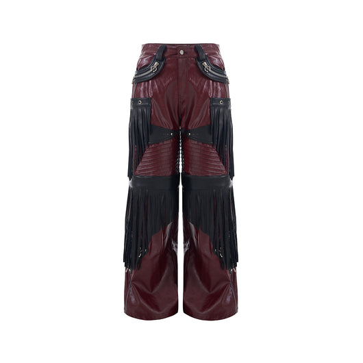 Pantalones de Cuero PU Rojo Diseño Deconstruido para Hombre - Image 3