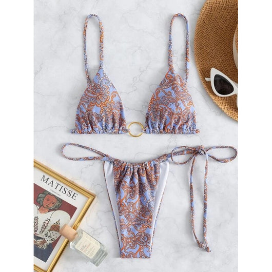 Green and yellow paisley print two-piece bikini swimsuit with a triangle top and tie-side thong bottom. - Image 4