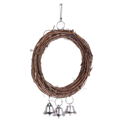 Rattan parrot swing with three silver bells, featuring a metal hook for hanging in a bird cage. - Image 9