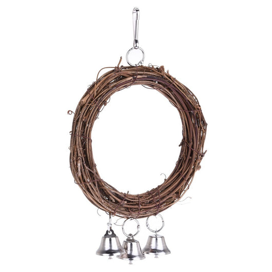 Rattan parrot swing with three silver bells, featuring a metal hook for hanging in a bird cage. - Image 9