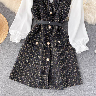 Vestido Houndstooth con Tirantes y Mangas Puff - Image 24