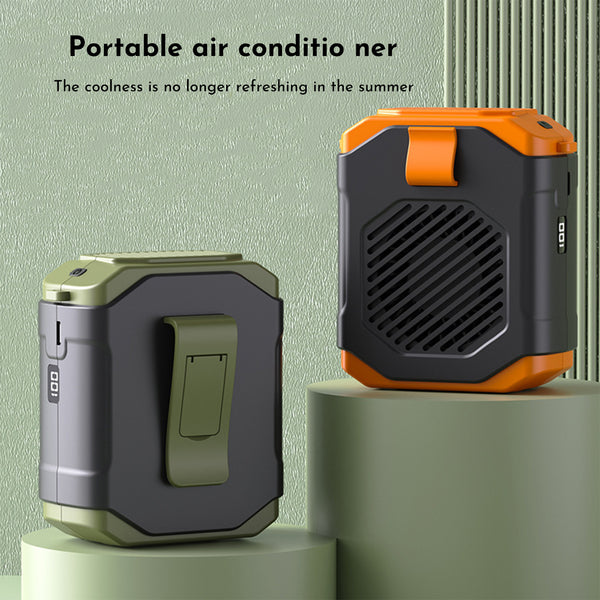 Green and black portable rechargeable mini fan with a clip, shown with a neck lanyard and fast charging cable.