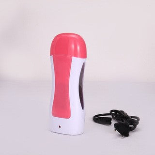 Portable pink and white electric wax warmer with a black power cord for at-home hair removal.