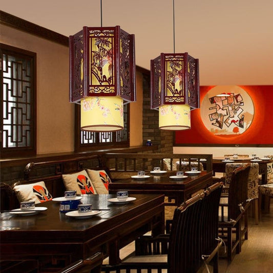 Lámpara Decorativa Vintage de Madera para Restaurantes Estilo Hot Pot Asiático