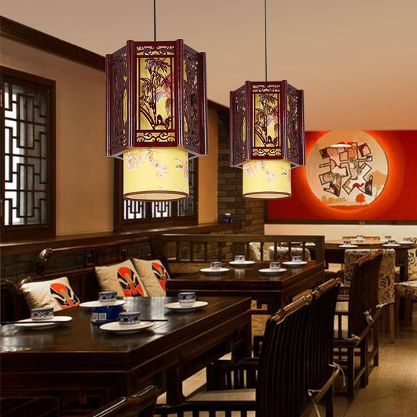 Lámpara Decorativa Vintage de Madera para Restaurantes Estilo Hot Pot Asiático