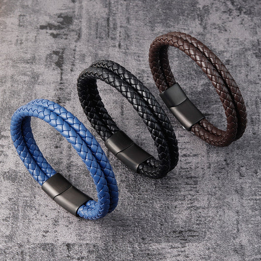 Pulsera de Cuero Multicapa con Aleación para Hombre - Diseño Negro Elegante