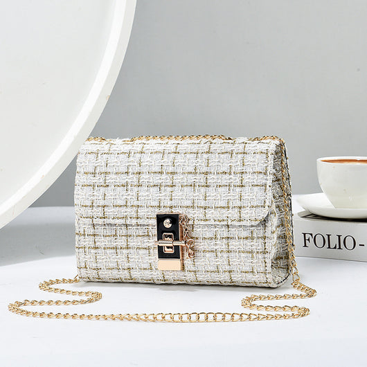 Bolsa de Hombro de Lana con Cierre Retorcido - Bolso Versátil para Mujer con Contraste en Seda Dorada - Image 7