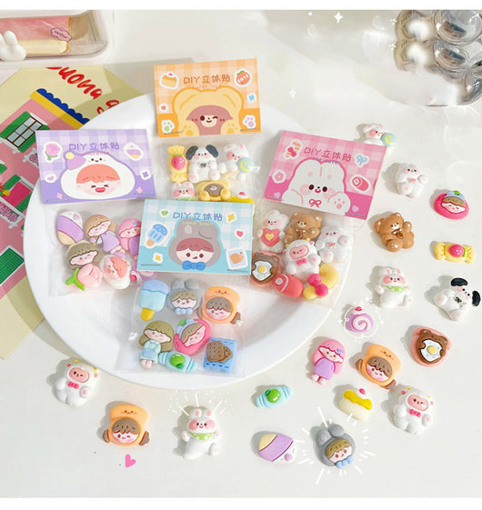 Set of 7 cute 3D resin stickers featuring cartoon characters, an ice cream bar, and a cookie snack. - Image 13
