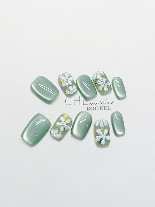 Uñas Postizas con Diseño Floral 3D - Efecto Ojo de Gato Verde - Image 5