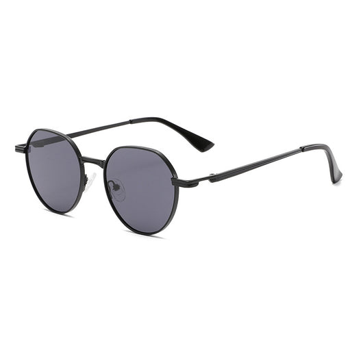 Round metal sunglasses with silver frames and dark gray lenses, featuring black temple tips, on a white background. - Image 5
