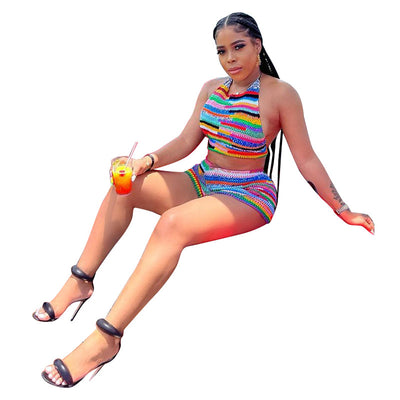 Conjunto Verano Mujer Estilo Sexy con Estampado, Halter Escotado y Shorts Ajustados - Image 8